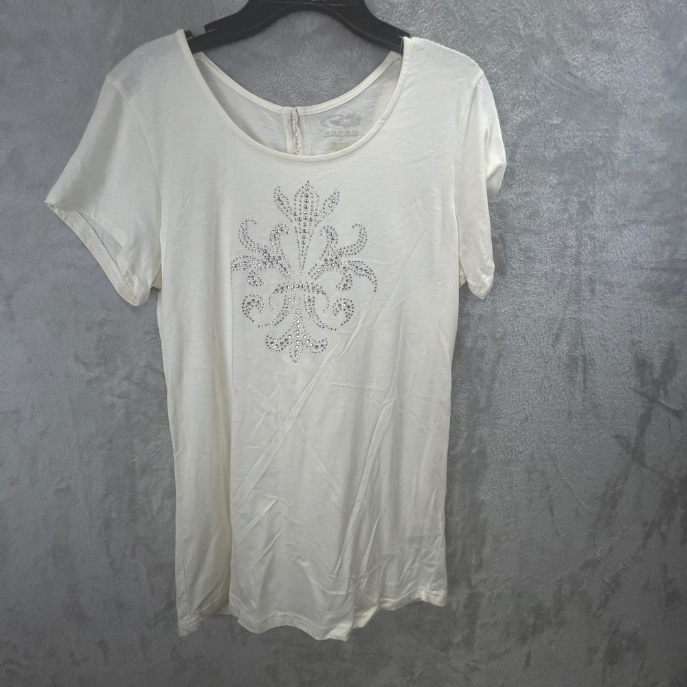 Roper Cream Rhinestone Fleur de‎ Lis Back Zip Western Tee M Boho Western Glitzy